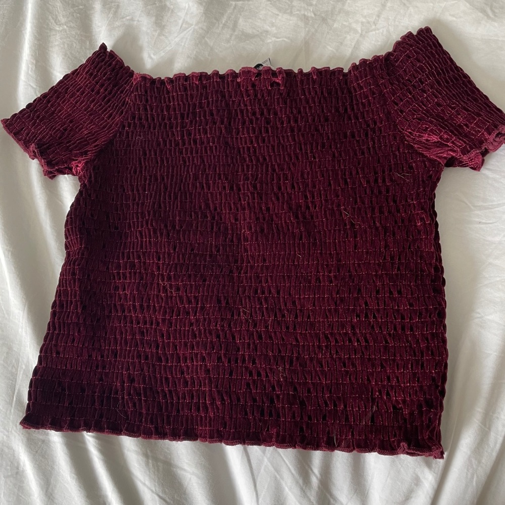 Cropped off the shoulder smocked velvet top